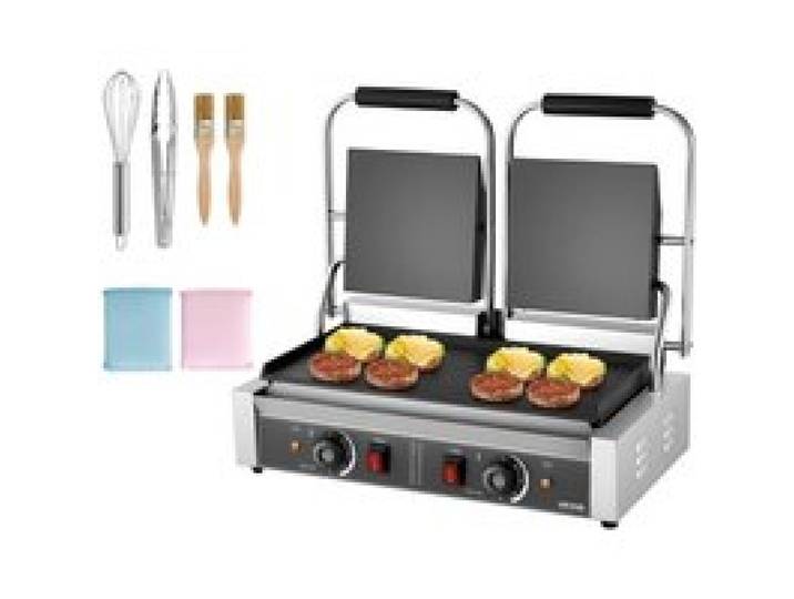 VEVOR kommerzieller Kontaktgrill 3600 W Elektrogrill Sandwichmaker (Doppelbackplatten) Panini Presse aus Edelstahl mit Temperaturregelung, 48 x 23 cm flache Emailleplatte, für Hamburger Steak Speck