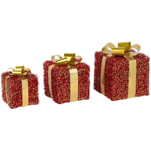 Böttcher-AG Weihnachtsdeko LED-Geschenkboxen, rot, 3 Stück, Aufsteller aus Sisal und Kunststoff mit LEDs, 12x12 - 18x18 cm