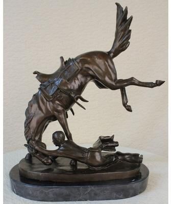 Bronzhaus Signed Cowboy Horse Western Bronze Sculpture Statue Marble Base Figure Decor