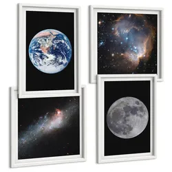 BILDER SET 4er Set - 50x50 cm & 40x60 cm Weißer Rahmen - Galaxie Weltraum Mond
