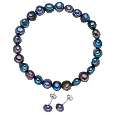 Schmuckset VALERO PEARLS "Set: X746", bunt (dunkelblau), Schmuck_Sets, Damen, Silber 925 (Sterlingsilber), Schmuckset, aus Süßwasser-Zuchtperlen