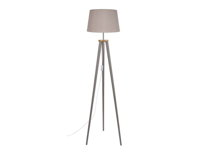 Lampadaire trepied bois abat-jour tissu taupe