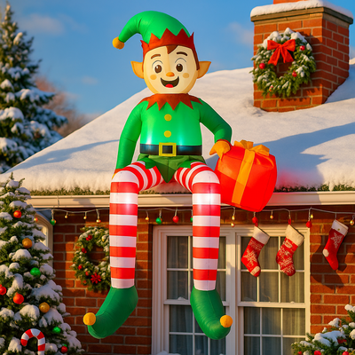 Youfap Market Christmas Inflatable Sitting Elf Holding Gift Bag, Holiday DIY Decoration, LED Light Xmas Outdoor Toys Blow Up Decor us Plug