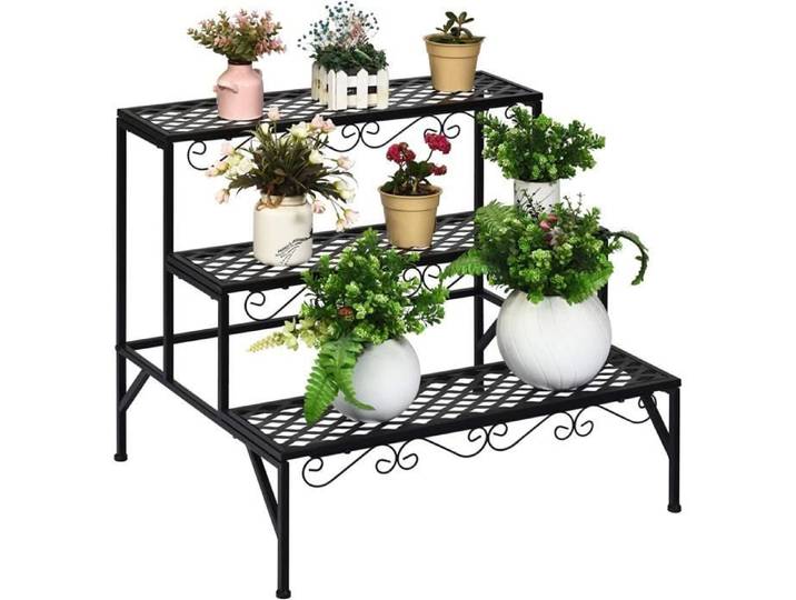 GOPLUS Étagère à Fleurs en Fer-70 x 60 x 60 5 CM-Support de Pots de Fleurs à 3 Niveaux-Étagère Polyvalente Intérieur&Extérieur