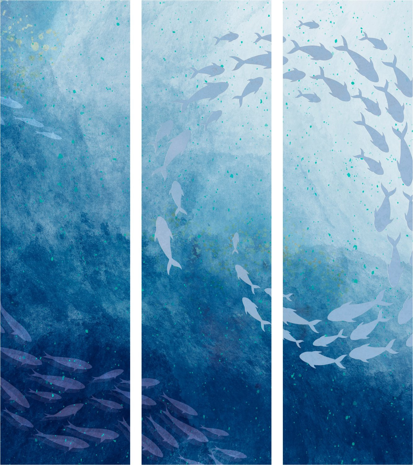 Japans Kamerscherm 3-delig Schools of Fish Luminous Clusters of Fish in Blue met houten frame - H x B x D: 172 x 135 cm