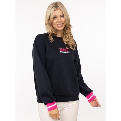 Sweatshirt ZWILLINGSHERZ "SMILE", Damen, Gr. S, blau (marine), Obermaterial: 50% Baumwolle, 50% Polyester, Sweatshirts Sweatshirt, Mini Me Style, gestreifte Bündchen, Smile Print vorne und am Rücken