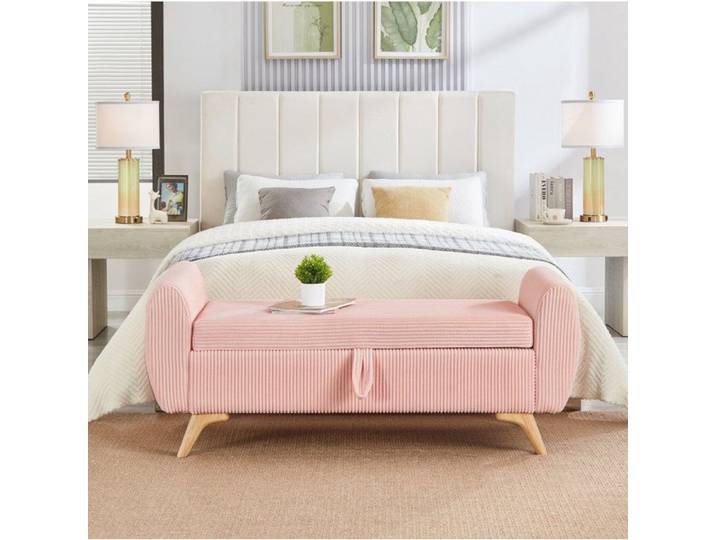 Banquette coffre de rangement pliable pieds en bois 145×51×57 cm corduroy rose - UVRION