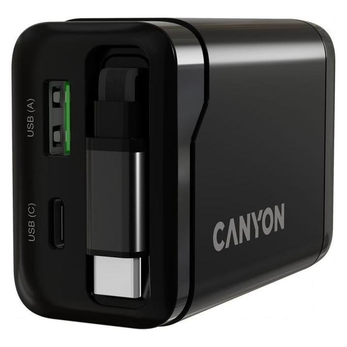 Canyon Adapter charger OnCharge 65RC Build-In Cable USB-C 65W 1xPD 1xQC EU Black (65 W, 3 Ports) (CNS-CURC65ACB)