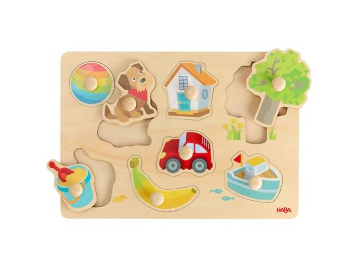 HABA Grippuzzel eerste woorden – houten puzzel met grote handgrepen voor het eerste woord leren, kleuren ontdekken en vormen herkennen, vanaf 12 maanden – 2011813001