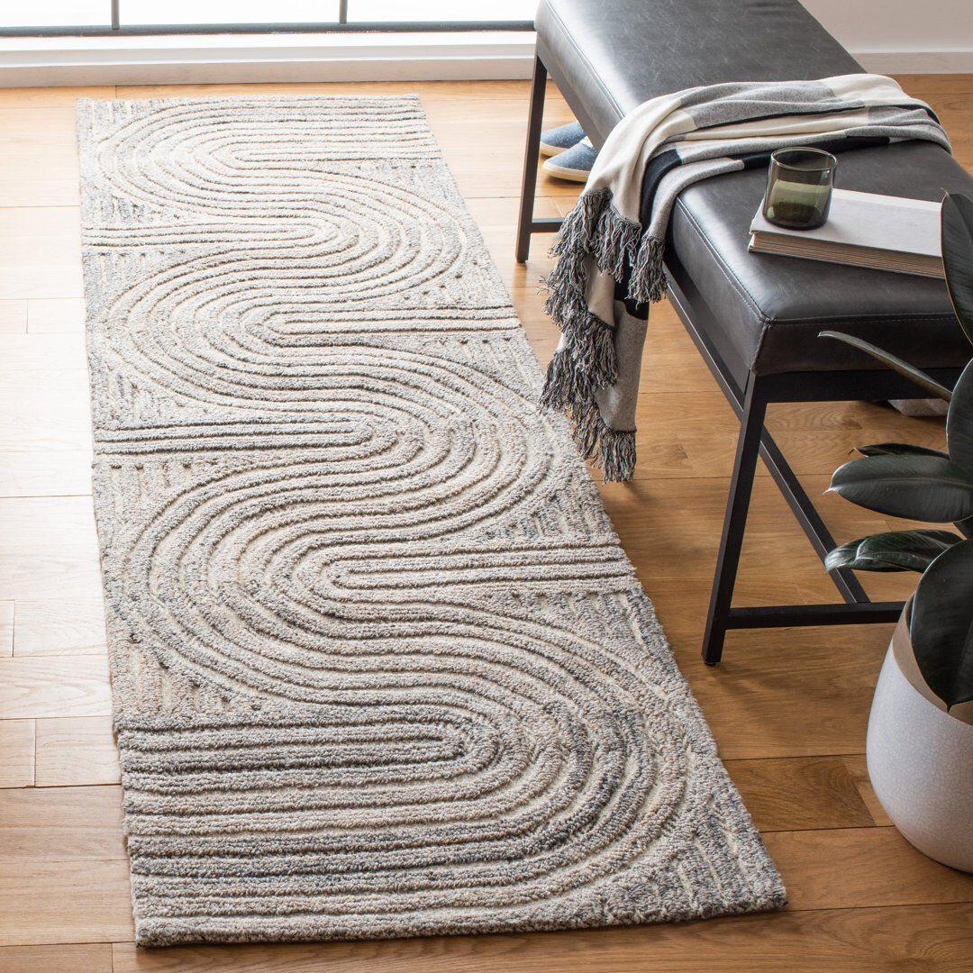 Isabelline Rosalind Abstract Wool Hand Tufted Area Rug Gray Runner 69 x 244cm