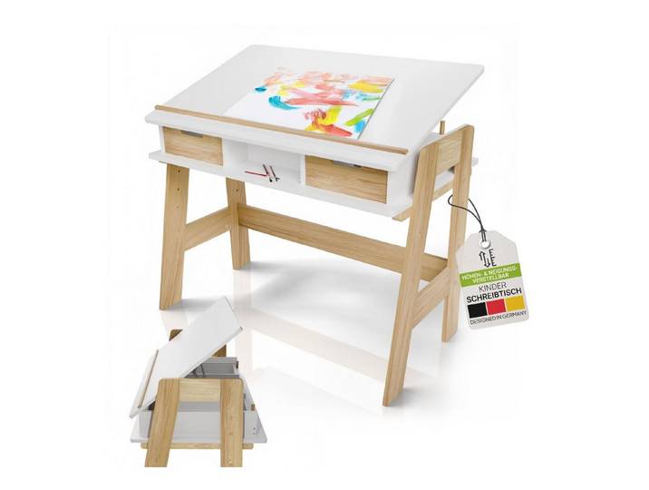 Juskys Kinderschreibtisch Fietje Plus, Neigungs- & höhenverstellbar, Schreibtisch für Kinder, Holz, Stauraum
