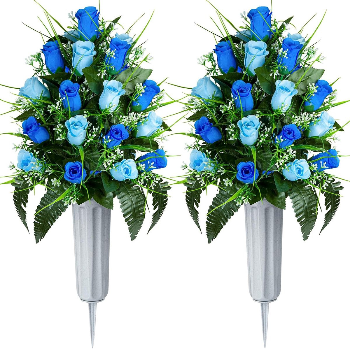 Set van 2 kunstmatige rozenboeketten met vaas voor grafdecoratie, lichtblauw en donkerblauw