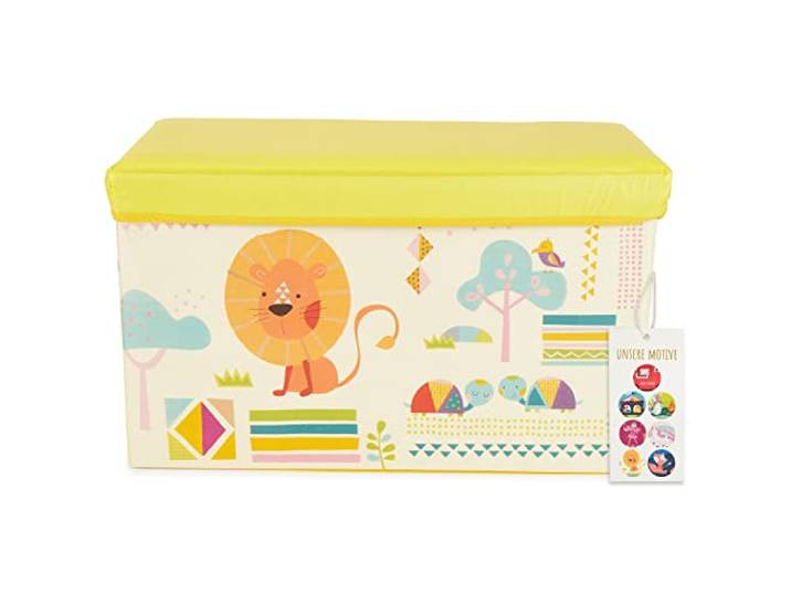 Bieco Aufbewahrungsbox mit Deckel Kinder Zoos, faltbar, Sitzhocker mit Sitzgelegenheit, und Polsterung, Spielzeugkiste mit Stauraum, Sitztruhe, Jungen & Mädchen, 66 L, Belastbar bis 80 Kg, gelb