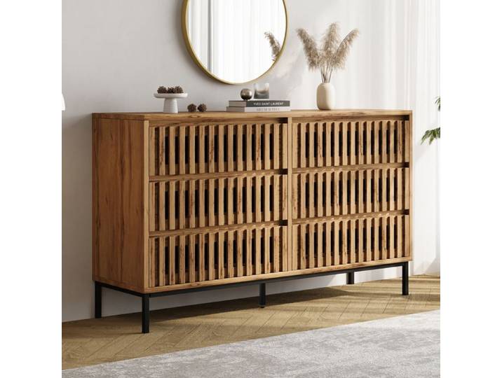 Modenuit Buffet bas 120x40x81 cm commode 6 tiroirs aspect bois design à lattes pieds métalliques noirs