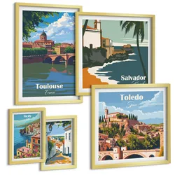 BILDER SET 5er Set - 50x50 cm & 20x30 cm & 40x60 cm Goldrahmen - Illustrationen zur Retro-Architektur der Berge