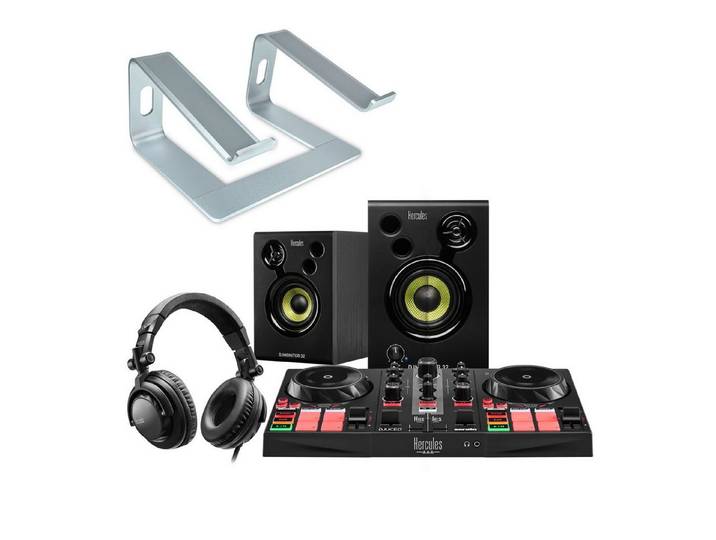 HERCULES DJ Controller Hercules DJ Learning Kit MKII Komplett-Set mit Laptopstativ Silber, (Vorteils-Set mit Laptopstativ Silber, 1-tlg), Vorteils-Set mit Laptopstativ Silber