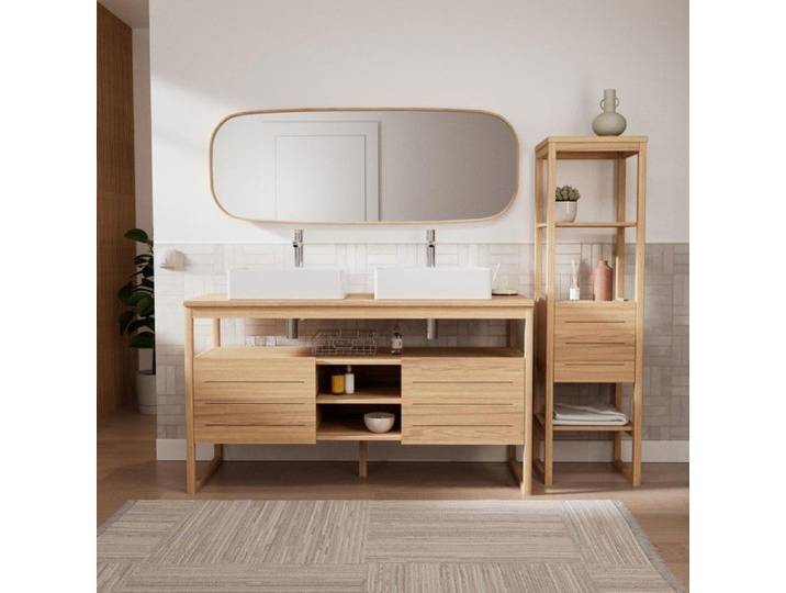 Ensemble meuble double vasque ATOLL 140 cm + Vasques + Robinets + Miroir + Colonne