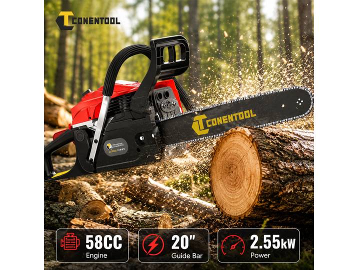 CONENTOOL Tronçonneuse professionnelle à essence 58CC, lame de 20 pouces, 2,55 kW, haute puissance, pour l'abattage d'arbres, la coupe de bois de chauffage, l'agriculture, la foresterie, le jardinage