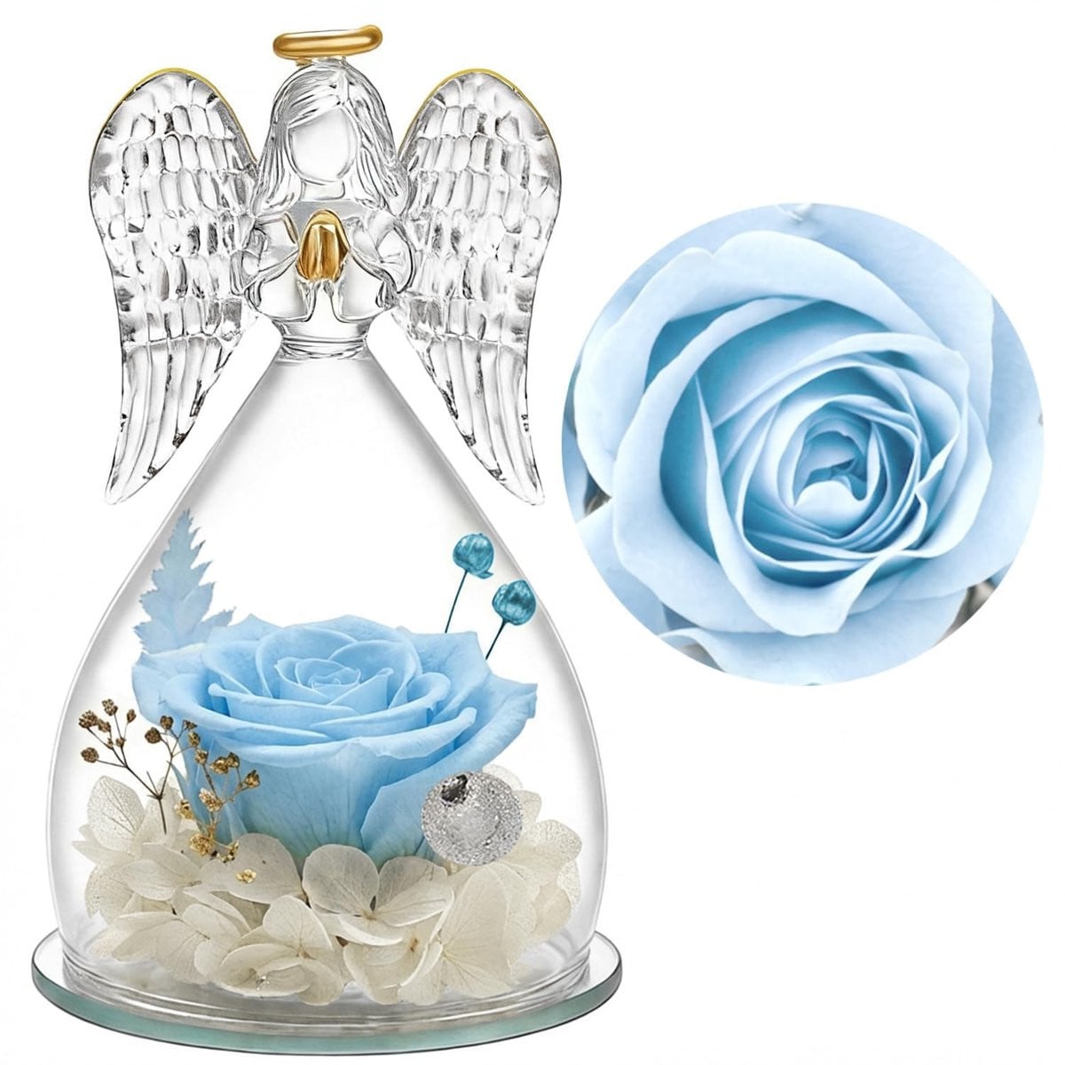 Dailygoods Eeuwige Roos in Glazen Engel, Handgemaakte Geconserveerde Roos, Blauw