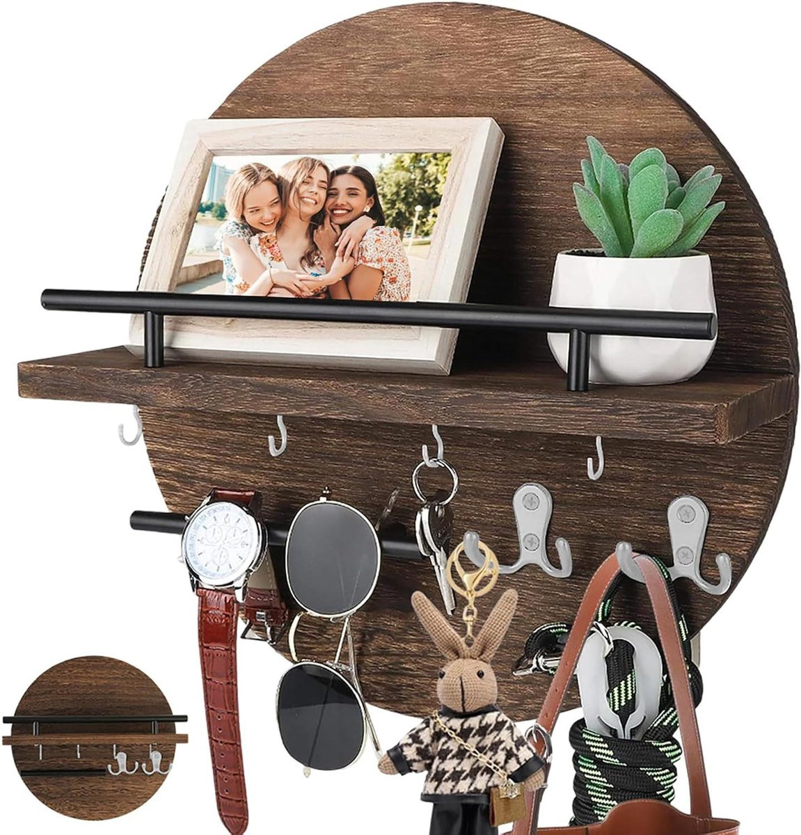 Houten Sleutelrek in Vintage Ronde Vorm - Bruin - Breedte: 30 cm