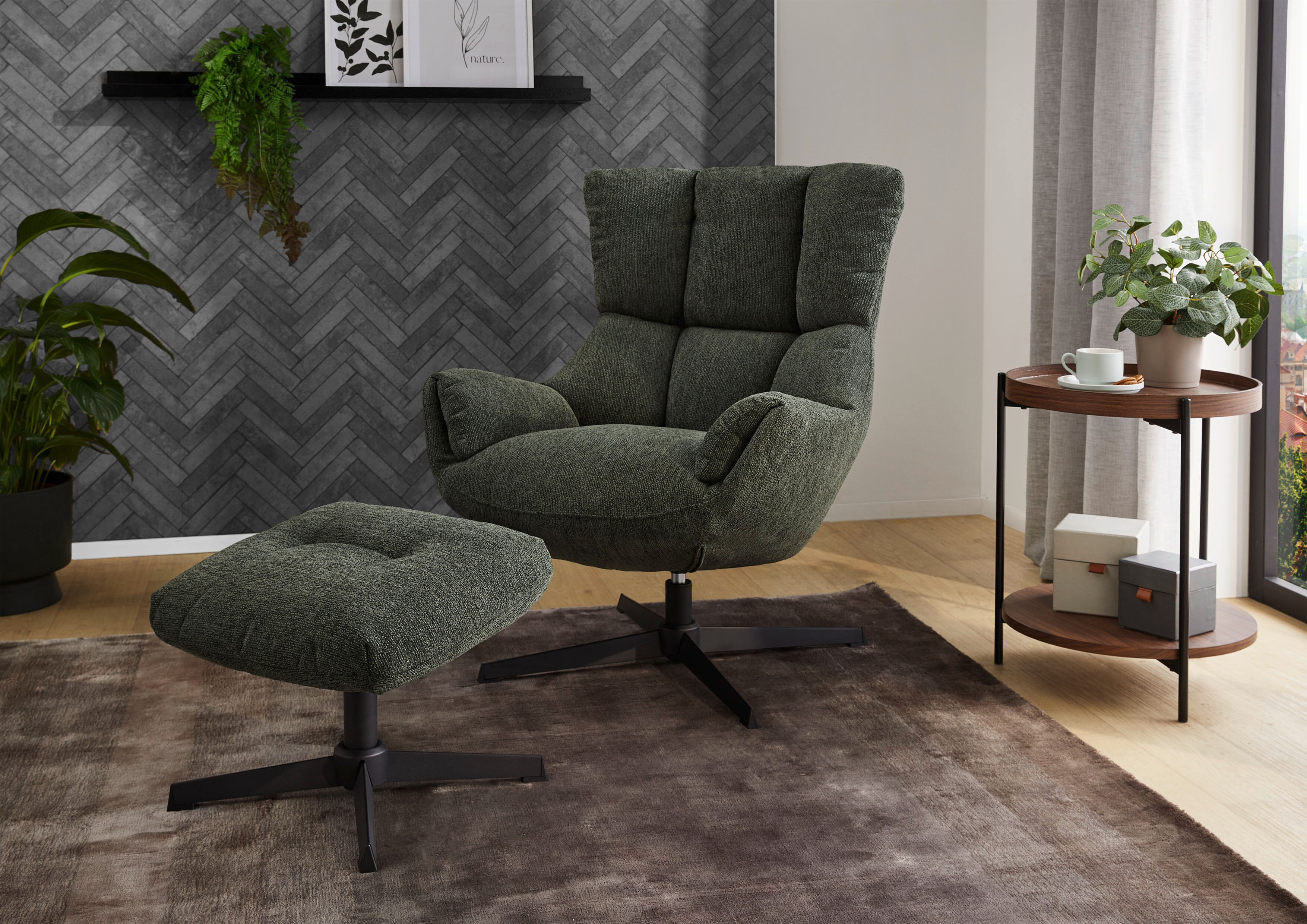 Relaxsessel JOCKENHÖFER GRUPPE "Melania, B: 73 cm, Sitzhöhe: 45 cm", grün, B:73cm H:94cm T:81cm, Sessel, Relaxsessel, Set: mit Hocker, 360 Drehfunktion, kuscheliger Webstoff