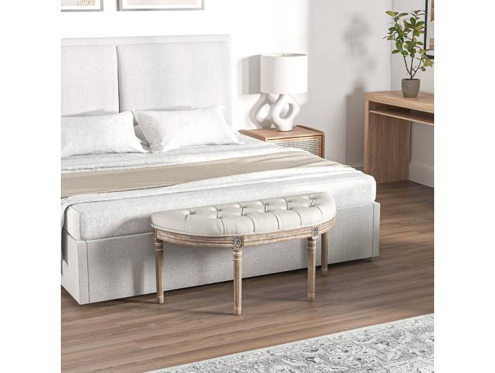 HOMCOM Banc Bout Lit Demi-Lune Louis XVI Lin Crème