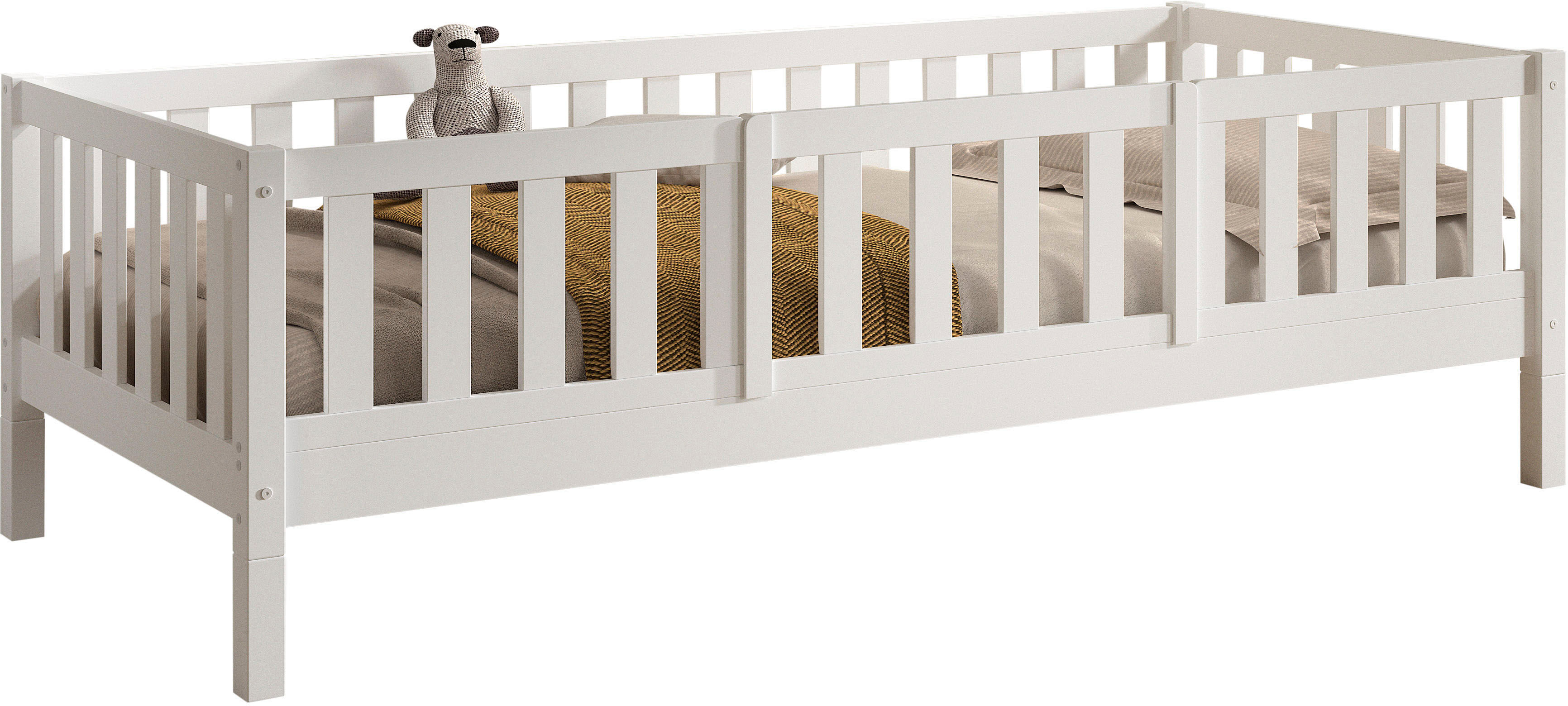 Kinderbett VIPACK "Dallas, massiv Bett, Rausfallschutz, umbaubar vom Boden- zum Daybett", weiss (kiefer weiß, kiefer weiß, kiefer weiß), B:97cm H:66cm L:210cm, Betten, Kinderbett, stabil und standfest gebaut, wahlweise Kiefer massiv natur oder weiss kiefe