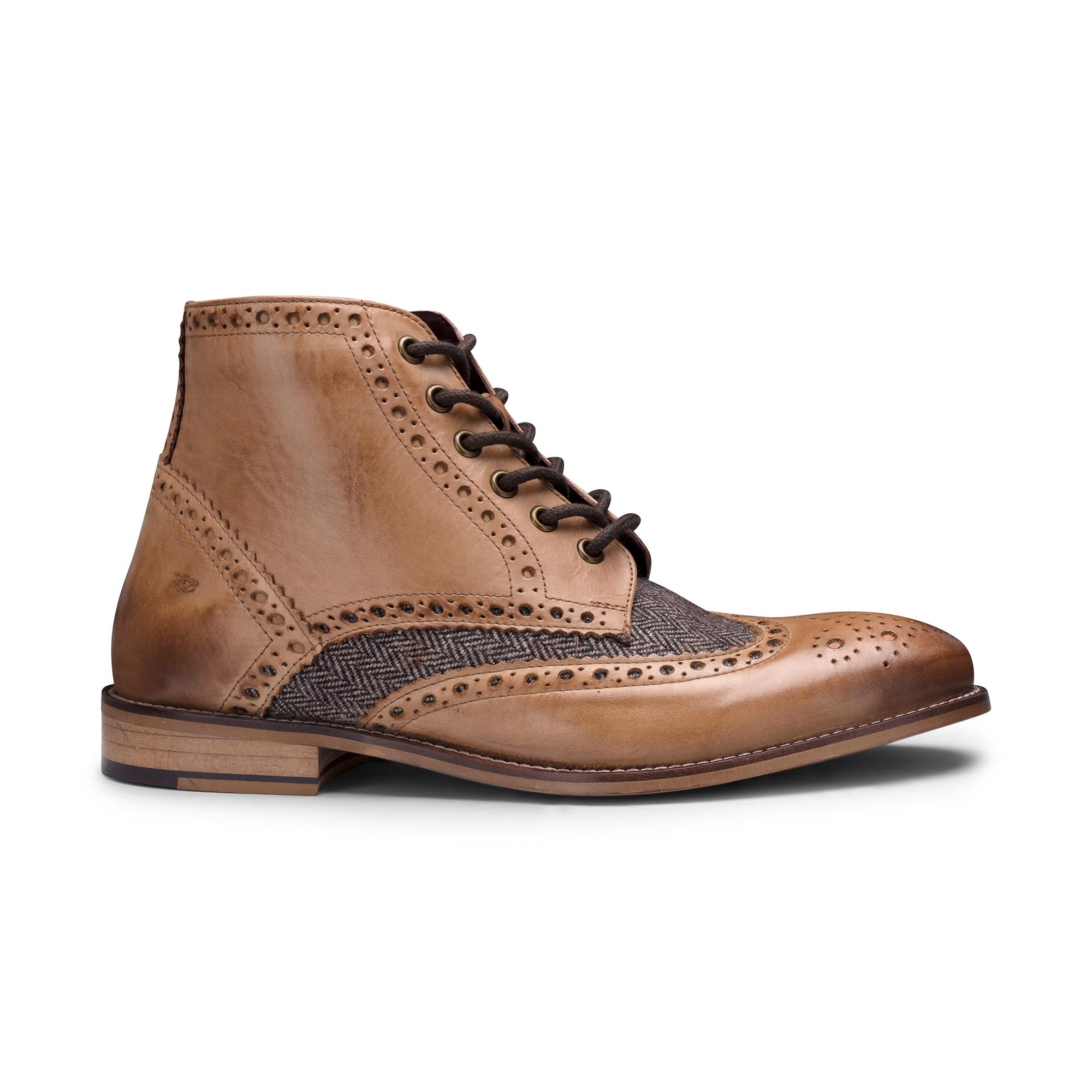 Klassische Herren-Stiefeletten im Brogue-Stil aus braunem Oxford-Leder im Gatsby-Stil mit Tweed