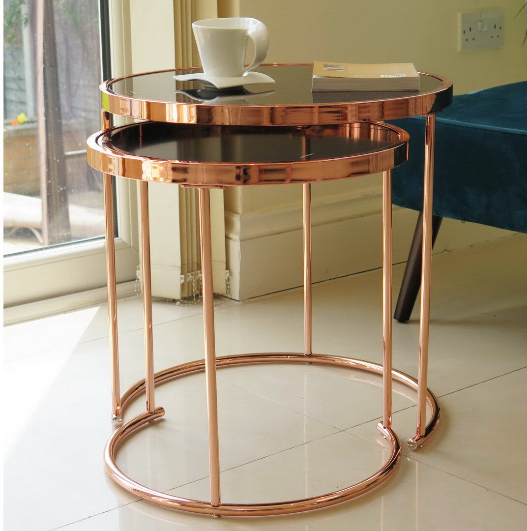 Canora Grey Middlewich Glass Top Frame Nesting Tables Black Glass/Copper 50cm H X 49cm W X 70cm D