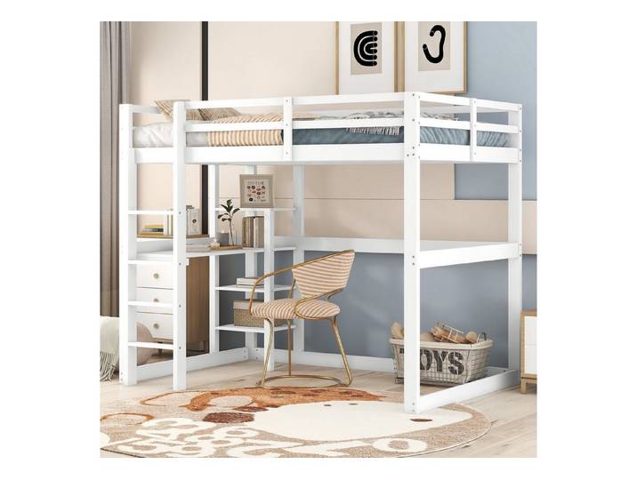 Flieks Hochbett Doppelbett Kinderbett mit Schreibtisch 140x200cm Kiefer ohne Stuhl