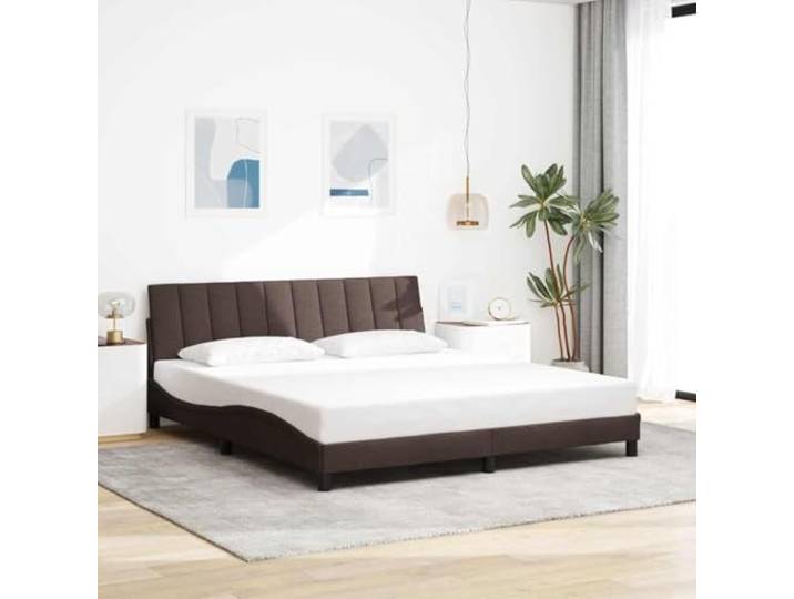 Bettgestell ohne Matratze Hanko Dunkelbraun 180 x 200 cm Stoff Inklusive Lattenrost, Kopfteil mit Kissen, Stoff aus 100 % Polyester, Gestell aus Metall und Holz, Klettverschlüsse