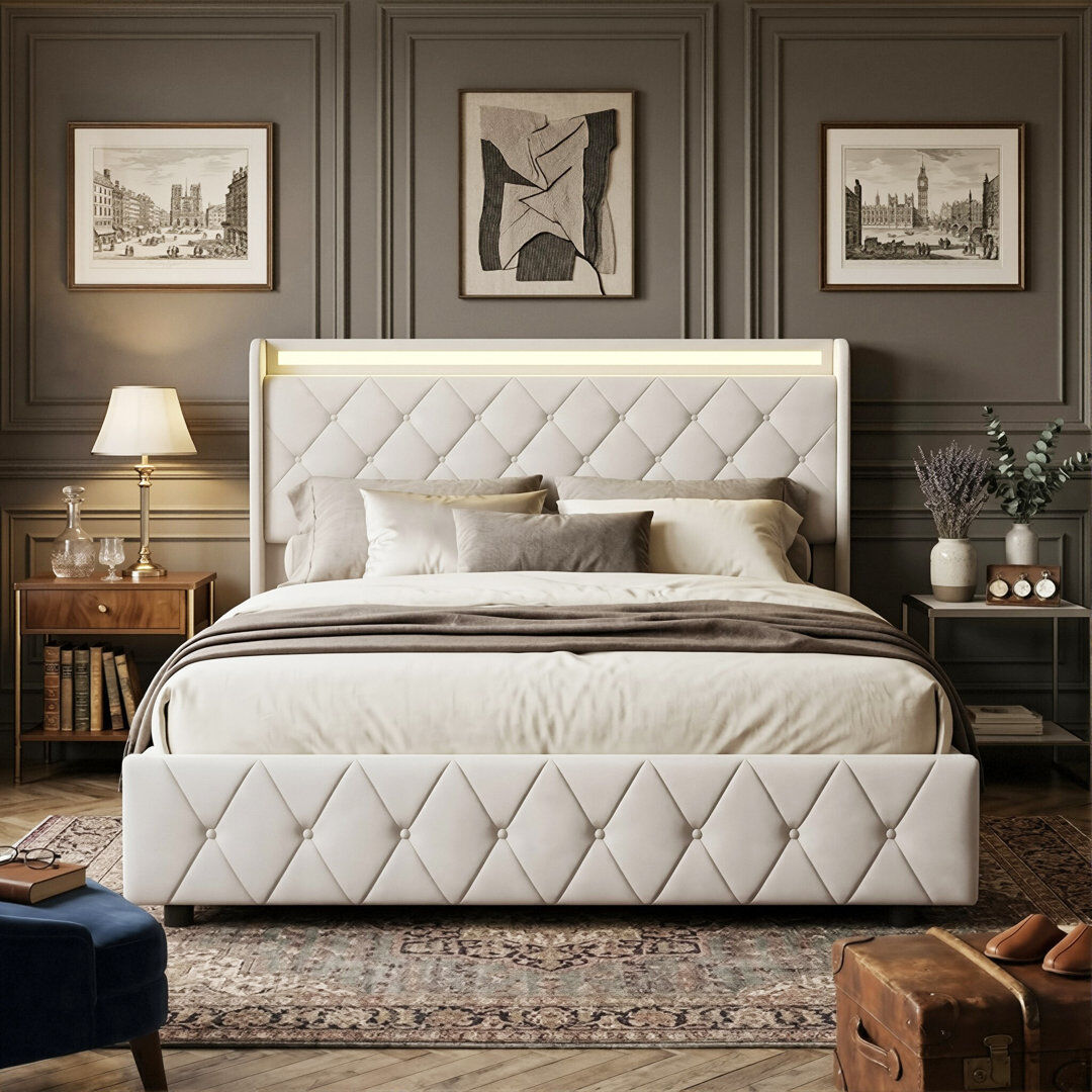 Ivy Bronx Smart Velvet Bed Frame with LED Charging Headboard, Tufted Upholstered Frame with Storage Drawers, Grey/Beige in Multiple Size (EU Single, Double & Ki Beige European Kingsize (160 x 200 cm)