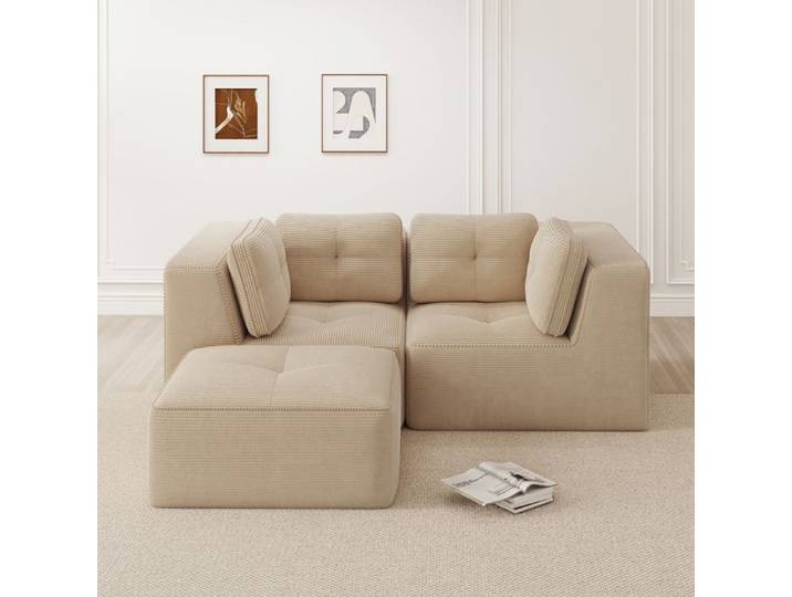 Canape D'Angle 2 Places En Velours Cotele Beige Sofa L Modulaire FloraGrace Pour Salon Ou Chambre Sans Montage 208x104x69cm