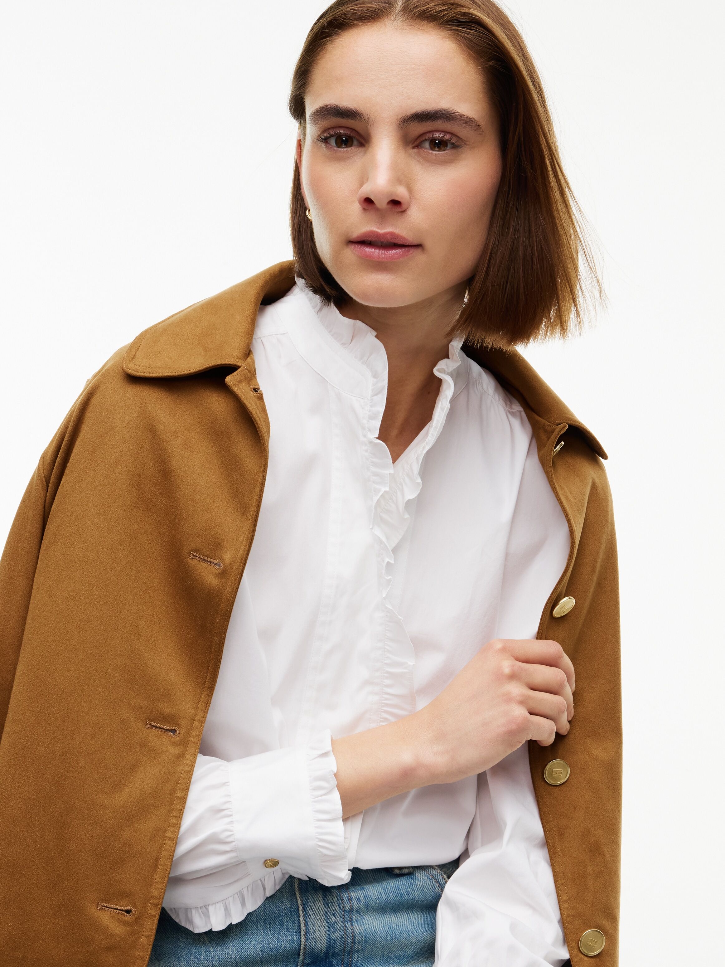 Langarmbluse TOMMY HILFIGER "POPLIN BLOUSE WITH RUFFLES", Damen, Gr. 40, optic weiß, Web, Obermaterial: 100% Baumwolle, unifarben, normal, Blusen Langarmbluse, Baumwolle, mit Rüschen Detail optic weiß 40