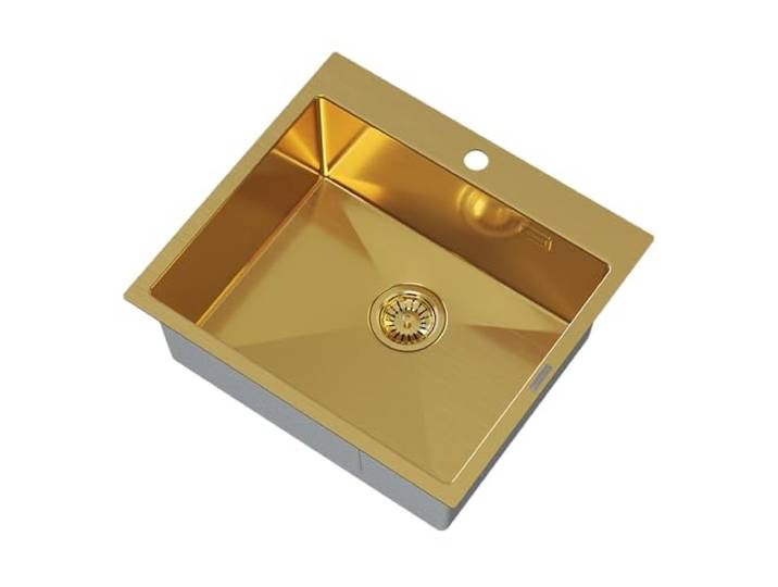 Granitan Spülbecken 50x55 cm, Einbauspüle aus Stahl Silvo Edelstahlspüle mit Hahnloch für Spülbecken, mit Gitter, Gold