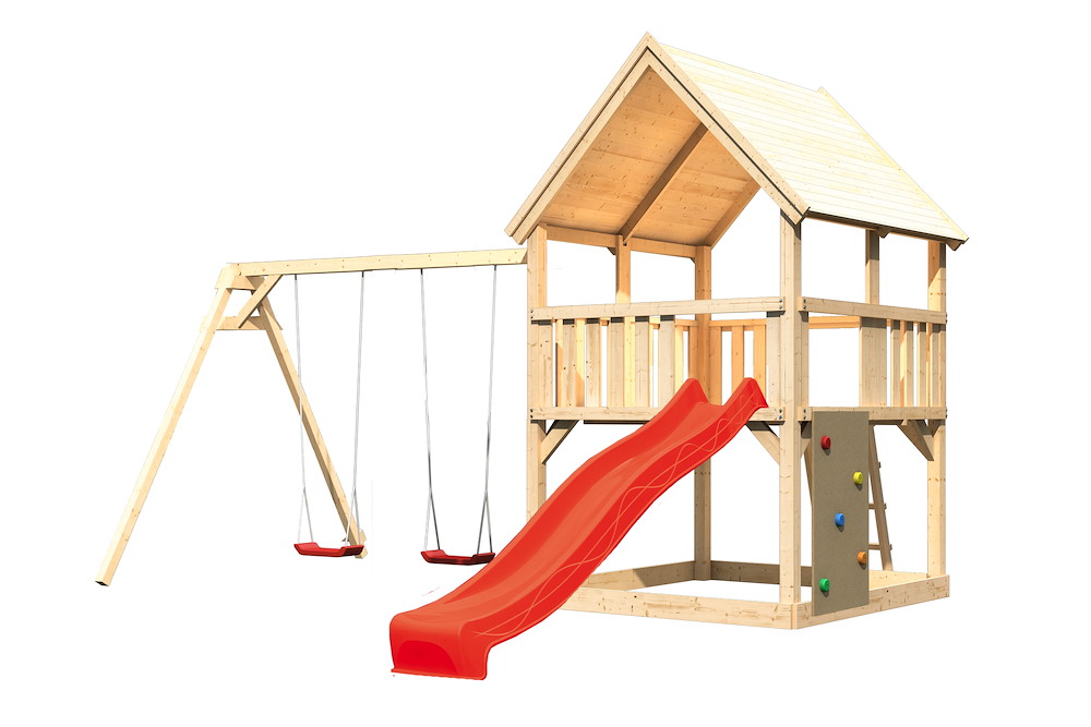 KARIBUHOLZT Akubi Spielturm Luis natur Rut. rot+DS+Kletterwand 16938203