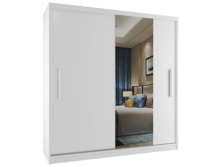 BELINI Verona : Armoire coulissante de 158 cm\, blanche\, finition mate - Armoire avec miroir et penderie\, idéale pour la chambre