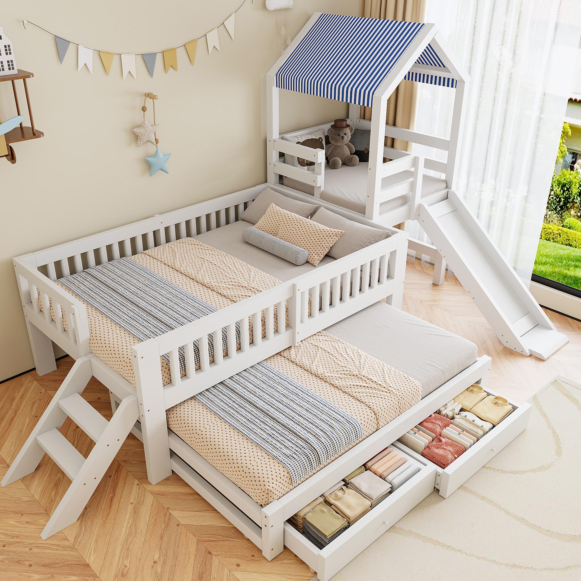 Flieks Kinderbett 90x200cm mit Ausziehbett 90x190cm, Kinderbett Hausbett mit Rutsche und Dach, Holzbett Hochbett mit Leiter und Schubladen, Weiß