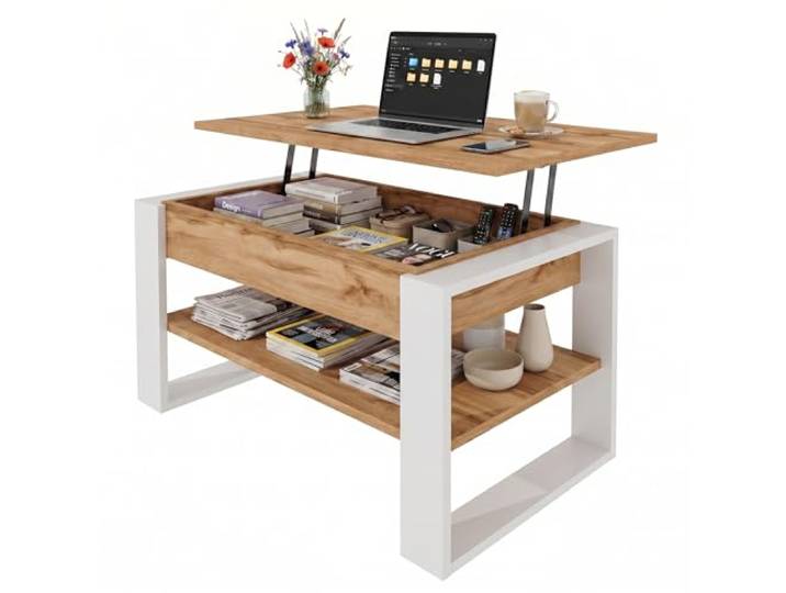 CraftPack Wohnzimmertisch 92 cm mit Liftfunktion und Stauraum Moderner Couchtisch Eiche Wotan/Weiß