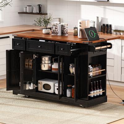 Cusp Barn 53'' Farmhouse Kitchen Island with Two Tempered Glass Cabinet Doors, Power Outlet, Rolling Kitchen Cart on Wheels with Drop Leaf