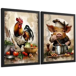 POSTER 2er Set Küchen-Wandbilder Hahn und Schwein Koch Aquarell Illustration Esszimmer Wanddeko Rahmenlos A4