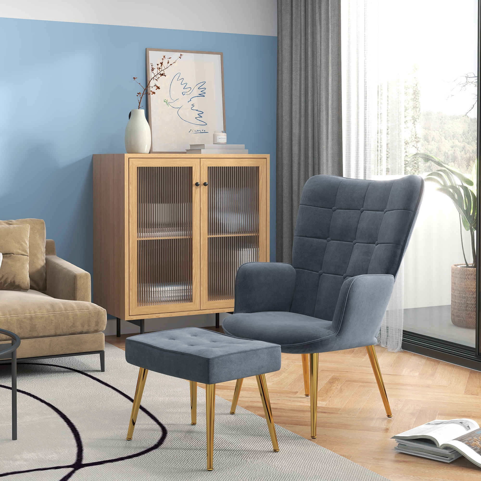 Homcom Poltrona moderna con pouf in velluto e gambe dorate, Grigio   Aosom Italy