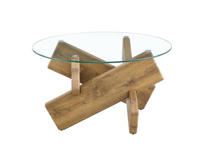 Runder Couchtisch 79cm MDF‑Glas, Kreuz‑Holzoptik‑Gestell, Wohnzimmer