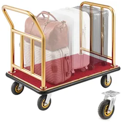 VEVOR Hotelgepäckwagen aus Edelstahl,  340,19 kg Belastbarer Kofferwagen mit 6 Zoll Gummirädern, Hotelwagen mit Rotem Teppichboden, Gewerblicher Plattformwagen für Hotels Ferienwohnungen Resorts, Gold