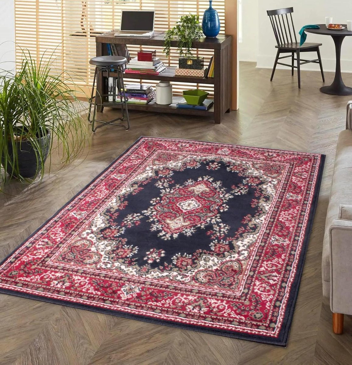 Traditioneel Oosters Vloerkleed met Bloemen Medaillon Patroon - Marineblauw - Polypropyleen