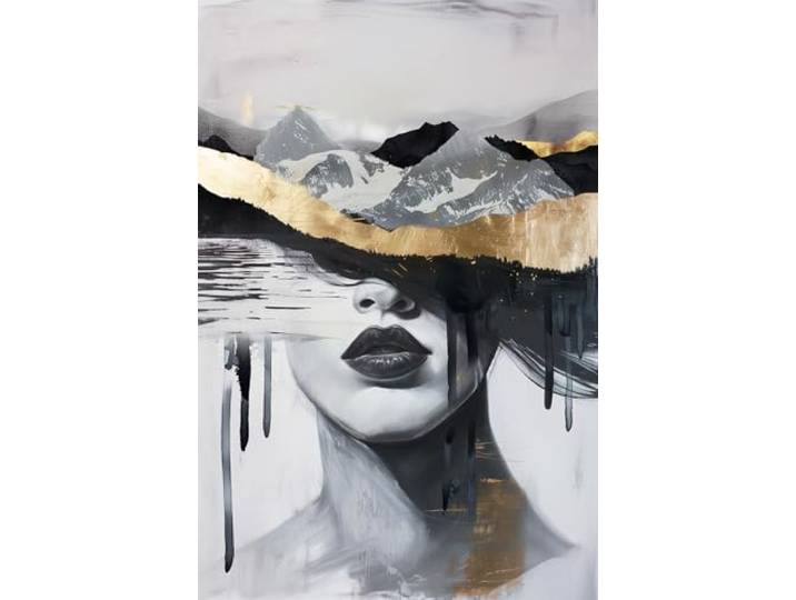 STYLER Leinwandbild Eve 70 x 100 cm (AUFHÄNGFERTIG) I Abstrakte Kunst auf Leinwand I Frauengesicht modern I Wandbild Bild Wohnzimmer Schlafzimmer Flur I Kunst bunt Gold I Made in Europe