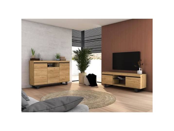 Set Naturale salle à manger meuble auxilier buffet-meuble TV 140cm chêne nordique noir