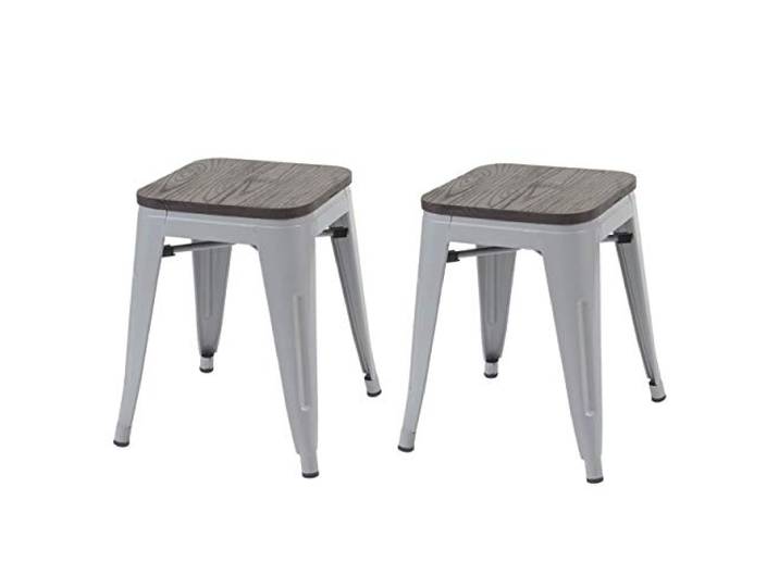 PROREGAL 2er-Set Hocker inkl. Holz-Sitzfläche Metall, Industriedesign, stapelbar Grau Metallhocker Sitzhocker abgerundet platzsparend resistent Esszimmer Büro Restaurant Gastraum