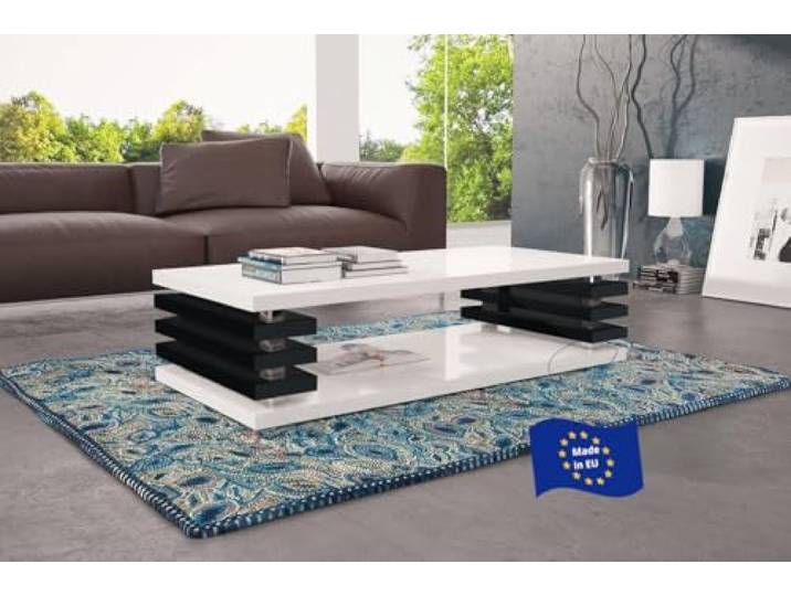 designimpex Carl Svensson Couchtisch DC-3 Weiß Hochglanz/Schwarz Hochglanz 120x60cm mit Ablage modern stabil vielseitig Wohnzimmertisch Beistelltisch Sofatisch robust Wohnzimmer ohne Rollen
