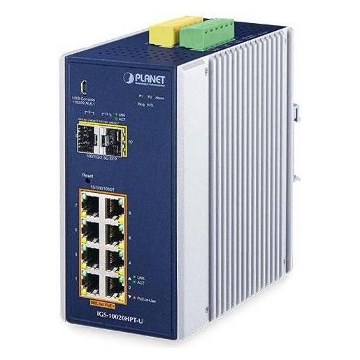 Planet Industrial 8-Port GE PoE+ 2-port SFP IGS-10020HPT-U (8 Ports) (IGS-10020HPT-U)